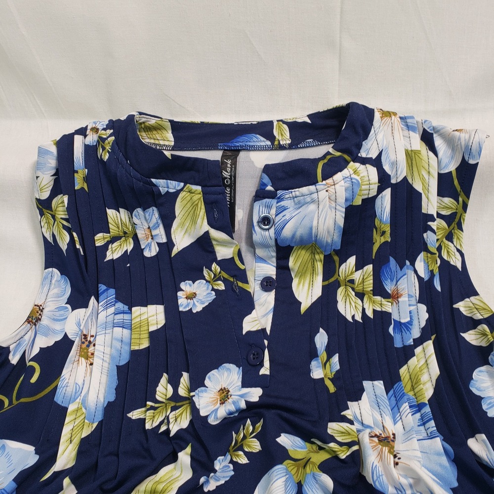 White Mark Womens Navy Blue Floral Pleated‎ Henley Sleeveless Tunic Top Large - Picture 6 of 8